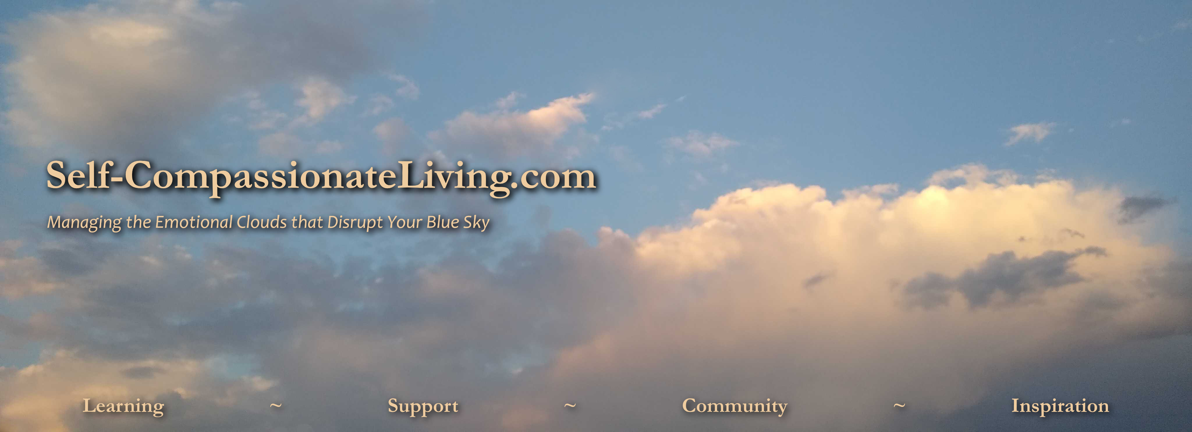 Self-compassionate Living Sunset Header with orange and dark clouds